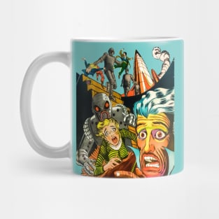 Scary Face Robots Attack Rocket Science Fiction Space Adventures Extraterrestrial Invasion Retro Comic Vintage Old Cartoon Mug